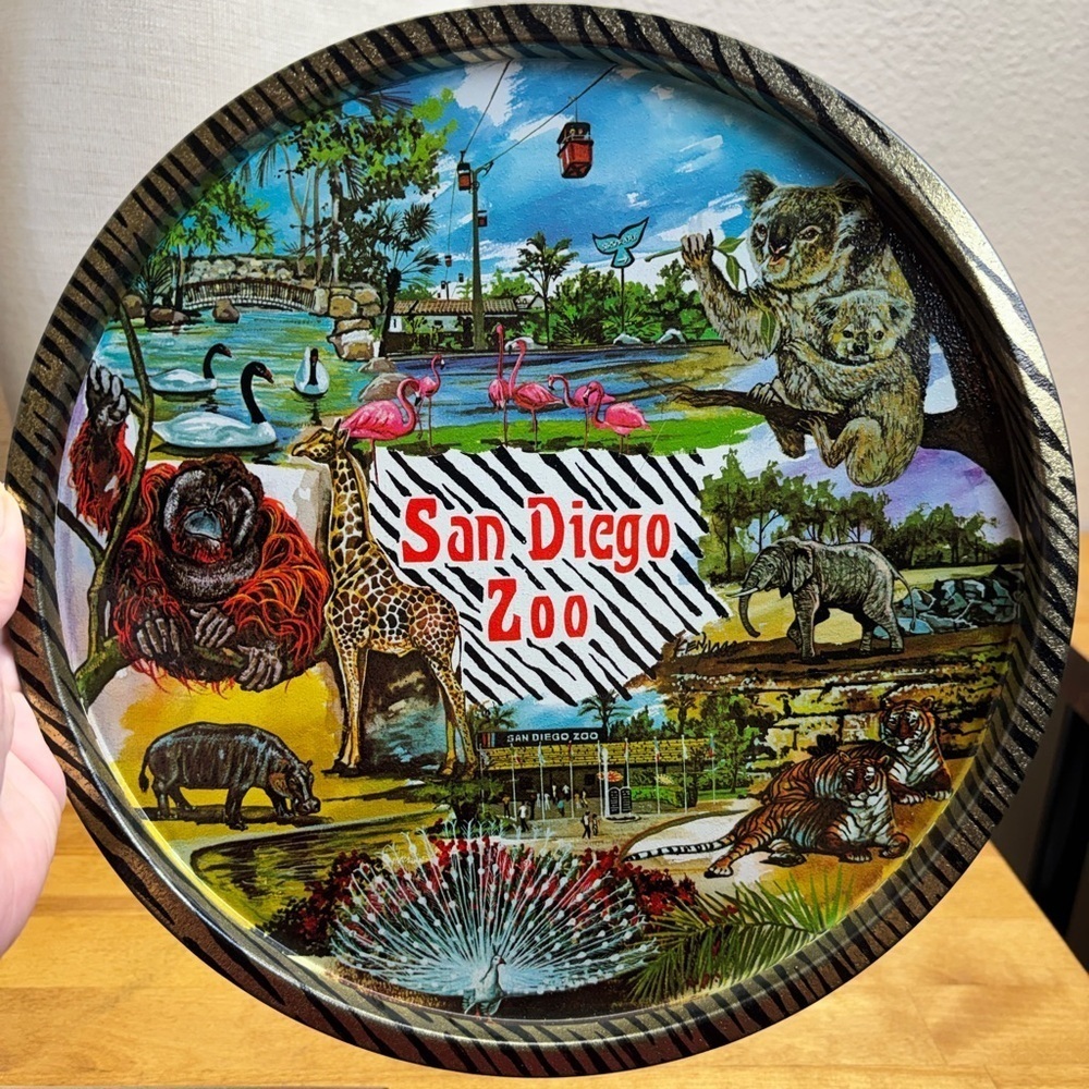 Vtg 60s 70s San Diego Zoo Metal Serving Tray Souvenir MCM Zebra Tiger Koala